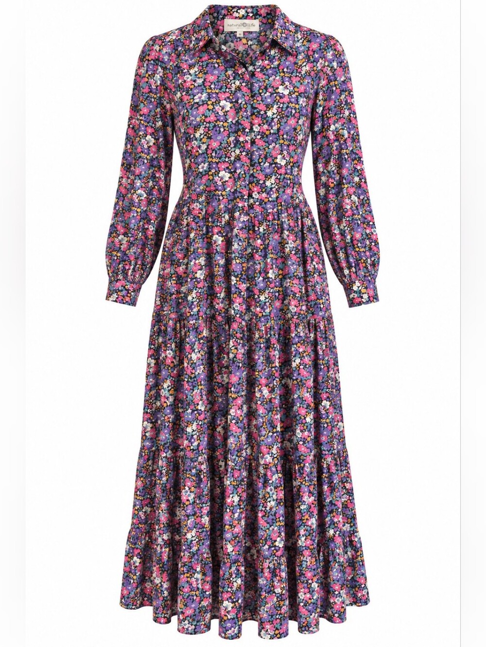 NATURAL LIFE | Floral Tiered Long Sleeve Maxi Shirt Dress Boho Cottagecore | M